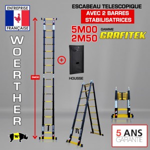 ECHELLE ESCABEAU DOUBLE FONCTIONS WOERTHER DOUBLE BARRES STABILISATRICES, GRAFITEK 5M/2M50 - PACK 1 (AVEC HOUSSE DE TRANSPORT)