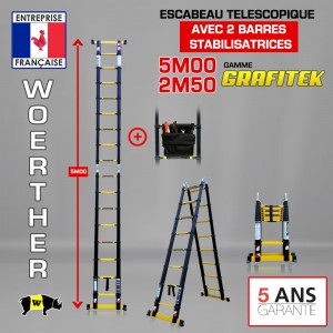 ECHELLE ESCABEAU 2 FONCTIONS - 2 BARRES STABILISATRICES, GRAFITEK 5M/2M50 - PACK 2 (AVEC SAC A OUTILS)