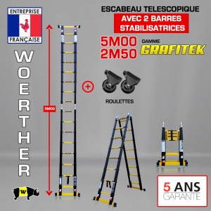 ECHELLE ESCABEAU 2 FONCTIONS - 2 BARRES STABILISATRICES, GRAFITEK 5M/2M50 - PACK 3  (AVEC ROULETTES)