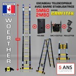 ECHELLE ESCABEAU DOUBLE FONCTIONS WOERTHER, MODÈLE GRAFITEK 5M60/2M80 - PACK 5 (AVEC HOUSE, SAC A OUTILS ET ROULETTES)