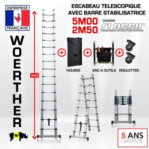 ECHELLE ESCABEAU DOUBLE FONCTIONS WOERTHER, MODELE CLASSIC 5M/2.5M - PACK 5 AVEC HOUSSE, SAC A OUTILS ET ROULETTES