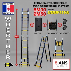 ECHELLE ESCABEAU DOUBLE FONCTIONS, MODÈLE GRAFITEK 5M/2M50 - PACK 5 (AVEC HOUSSE, SAC A OUTILS ET ROULETTES)