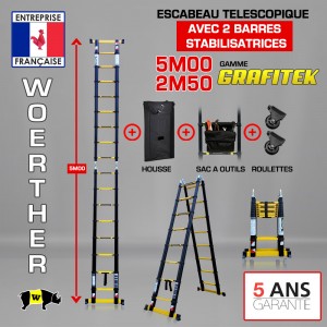 ESCABEAU 2 FONCTIONS - 2 BARRES STABILISATRICES, GRAFITEK 5M/2M50 - PACK 5 (AVEC HOUSSE, SAC A OUTILS ET ROULETTES) 