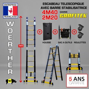 ECHELLE ESCABEAU DOUBLE FONCTIONS, MODÈLE GRAFITEK 4M40/2M20 - PACK 5 (AVEC HOUSSE, SAC A OUTILS ET ROULETTES)