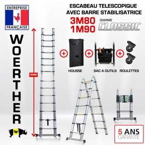 ECHELLE ESCABEAU DOUBLE FONCTIONS WOERTHER, MODELE CLASSIC 3M80/1.9M - PACK 5 (AVEC HOUSSE, SAC A OUTILS, ROULETTES)