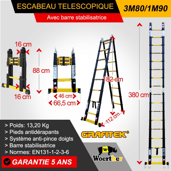 Lot Echelle télescopique Grafitek - avec barre stabilisatrice - 3.80 m  +Housse pour échelle + Sac porte outils amovible - Homme Prive