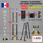 ECHELLE ESCABEAU DOUBLE FONCTIONS WOERTHER, MODÈLE GRAFITEK 3M80/1.9M - PACK 5 (AVEC HOUSSE, SAC A OUTILS ET ROULETTES)