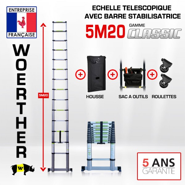 Echelle t&eacute;lescopique 5m 20 Classic avec barre stabilisatrice + Housse, Sac &agrave; outils et Roulettes