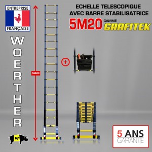 Echelle télescopique 5m 20 Grafitek avec barre stabilisatrice + Sac à outils