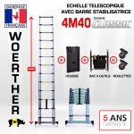 ECHELLE TELESCOPIQUE PLIANTE 4M40 AVEC BARRE STABILISATRICE + HOUSSE, SAC A OUTILS ET ROULETTES