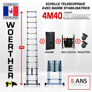 Echelle télescopique 4m 40 Classic avec barre stabilisatrice + Housse, sac à outils et roulettes