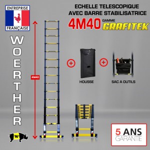 Echelle télescopique 4m 40 Grafitek avec barre stabilisatrice + Housse et sac à outils