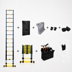 Echelle t&eacute;lescopique 4m40 Grafitek avec barre stabilisatrice + Housse, Plateforme + sac &agrave; outils + roulettes + patins