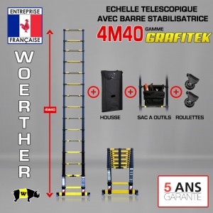 Echelle télescopique 4m 40 Grafitek avec barre stabilisatrice + Housse, sac à outils et roulettes