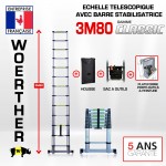  Echelle t&eacute;lescopique 3m80 GRAFITEK avec barre stabilisatrice + housse + sac &agrave; outils + plateforme "PRATIK"