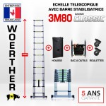 Echelle t&eacute;lescopique 3m80 GRAFITEK avec barres stabilisatrice + Housse + Sac &agrave; outils + Roulettes