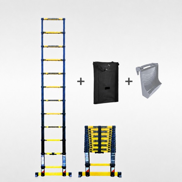 Echelle t&eacute;lescopique 3m80 Grafitek avec barre stabilisatrice + housse + plateforme porte-outils & peinture
