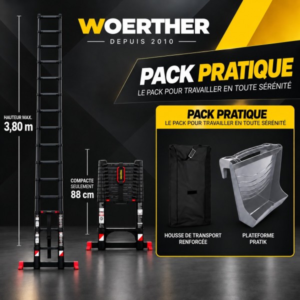 Echelle t&eacute;lescopique 3m80 Grafitek avec barre stabilisatrice + housse + plateforme porte-outils & peinture