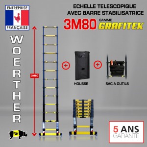 ECHELLE 3M 80 GRAFITEK AVEC SA BARRE STABILISATRICE, AVEC HOUSSE ET SAC A OUTILS