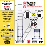 Echelle télescopique 3 mètres 20 avec barre stabilisatrice + Housse, sac à outils et roulettes