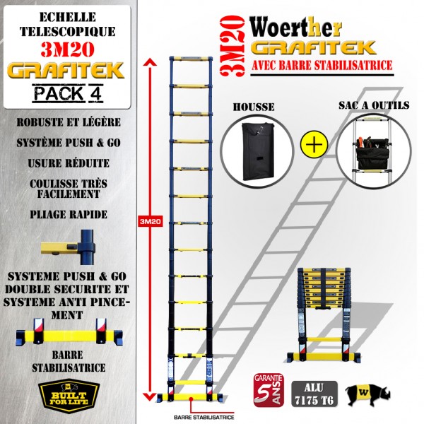 Échelle Télescopique Woerther 3,8 M – 13 Marches, Alu 7175T6, Charge 150 Kg, Housse Incluse
