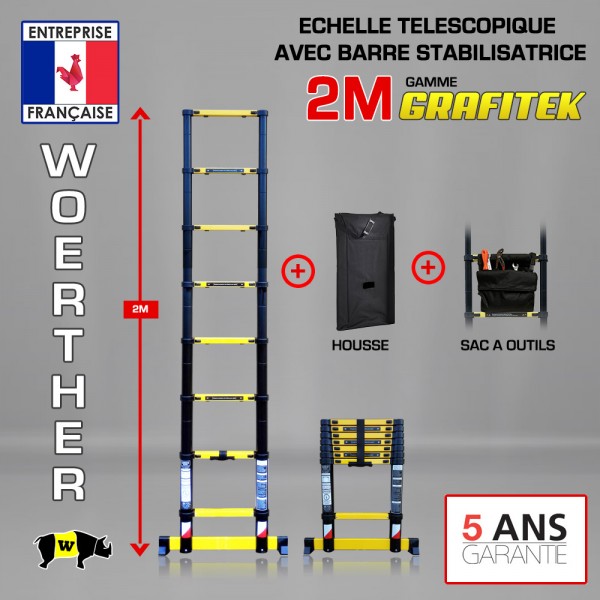 escabeau télescopique double barres stabilisatrices 5M/2M50 woerther, avec  sa housse, en graphite