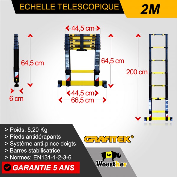 Lot Echelle-escabeau télescopique Grafitek double barres stabilisatrices -  3.80 m - 1.90 m +Housse pour échelle - Homme Prive