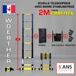 ECHELLE TELESCOPIQUE 2M GRAFITEK AVEC BARRE STABILISATRICE, AVEC HOUSSE, SAC A OUTILS ET ROULETTES