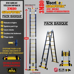 ÉCHELLE ESCABEAU DOUBLE FONCTIONS - 2 BARRES STABILISATRICES - WOERTHER, GRAFITEK 3M80/1M90