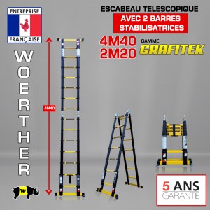 ÉCHELLE ESCABEAU DOUBLE FONCTIONS - 2 BARRES STABILISATRICES - WOERTHER, GRAFITEK 4M40/2M20