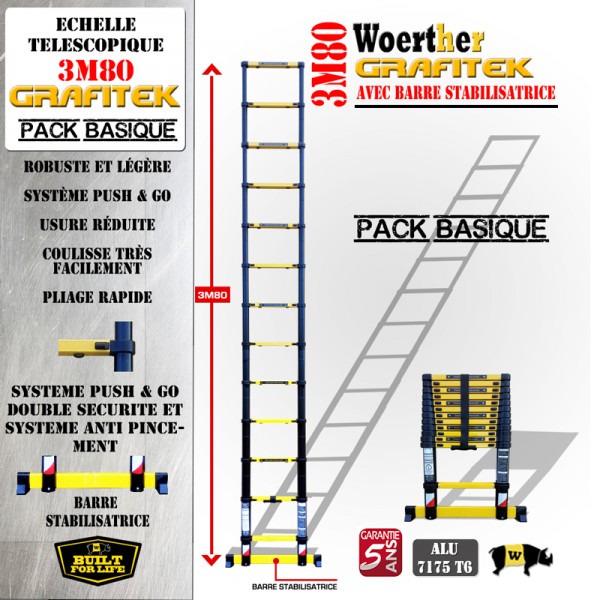 Lot Echelle télescopique Grafitek - avec barre stabilisatrice - 3.80 m  +Housse pour échelle + Sac porte outils amovible - Homme Prive