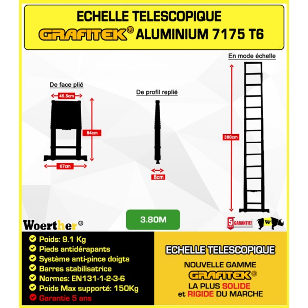 ESCABEAU-ÉCHELLE TÉLESCOPIQUE WOERTHER Double Fonctions / 3M80-1M90 / avec  Plateforme/MODÈLE GRAFITEK, en Graphite ET Aluminium 7175T6 / avec Doubles  Barres STABILISATRICES/Garantie 5 Ans : : Bricolage