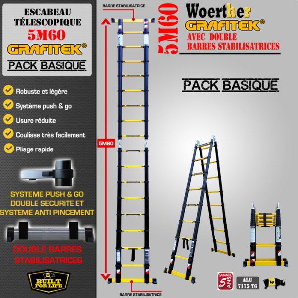 Woerther - Escabeau-échelle télescopique Woerther 5m60/2m80 Double barre  stabilisatrices - Plus plateforme - Qualité supérieure - Garantie 5 ans -  Echelles - Rue du Commerce