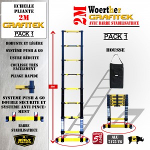 ECHELLE COULISSANTE 2M PRO GRAFITEK AVEC BARRE STABILISATRICE,  AVEC HOUSSE