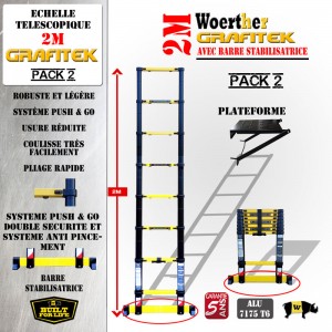 ECHELLE COULISSANTE 2M PRO GRAFITEK AVEC BARRE STABILISATRICE,  AVEC PLATEFORME