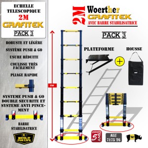 ECHELLE COULISSANTE 2M PRO GRAFITEK AVEC BARRE STABILISATRICE, AVEC PLATEFORME ET HOUSSE