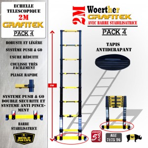 ECHELLE COULISSANTE 2M PRO GRAFITEK AVEC BARRE STABILISATRICE, AVEC TAPIS