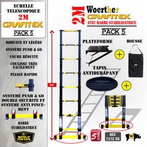 ECHELLE COULISSANTE 2M PRO GRAFITEK AVEC BARRE STABILISATRICE, AVEC PLATEFORME, HOUSSE ET TAPIS