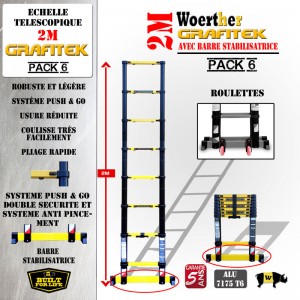 ECHELLE COULISSANTE 2M PRO GRAFITEK AVEC BARRE STABILISATRICE, AVEC ROULETTES