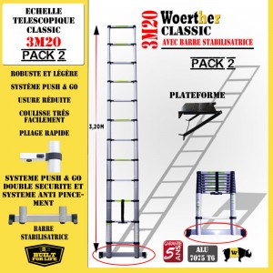 ECHELLE COULISSANTE 3M20 CLASSIC AVEC BARRE STABILISATRICE + PLATEFORME