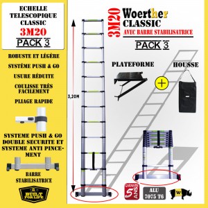 ECHELLE COULISSANTE 3M20 CLASSIC AVEC BARRE STABILISATRICE + PLATEFORME ET HOUSSE