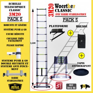 ECHELLE COULISSANTE 3M20 CLASSIC AVEC BARRE STABILISATRICE + PLATEFORME, HOUSSE ET TAPIS