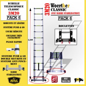 ECHELLE COULISSANTE 3M20 CLASSIC AVEC BARRE STABILISATRICE + ROULETTES