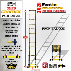 ECHELLE COULISSANTE 3M20 PRO GRAFITEK AVEC BARRE STABILISATRICE