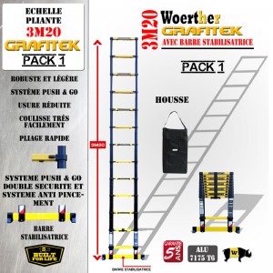 ECHELLE COULISSANTE 3M20 PRO GRAFITEK AVEC BARRE STABILISATRICE + HOUSSE