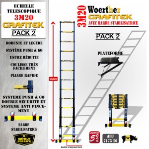 ECHELLE COULISSANTE 3M20 PRO GRAFITEK AVEC BARRE STABILISATRICE + PLATEFORME