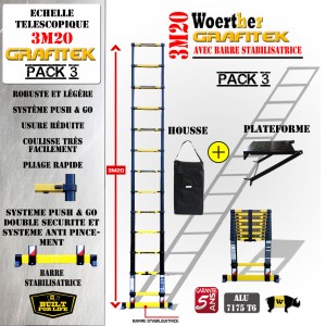 ECHELLE COULISSANTE 3M20 PRO GRAFITEK AVEC BARRE STABILISATRICE + PLATEFORME ET HOUSSE