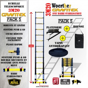 ECHELLE COULISSANTE 3M20 PRO GRAFITEK AVEC BARRE STABILISATRICE + PLATEFORME, HOUSSE ET TAPIS