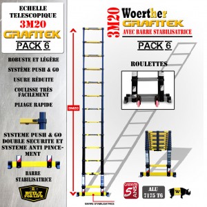 ECHELLE COULISSANTE 3M20 PRO GRAFITEK AVEC BARRE STABILISATRICE + ROULETTES