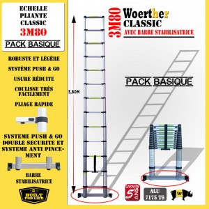 ECHELLE COULISSANTE 3M80 CLASSIC AVEC BARRE STABILISATRICE 